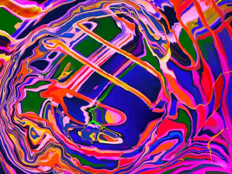 Abstract painting with pinks, reds, and blues