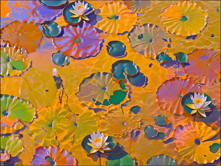 Painterly surface with lily flowers and lily pads