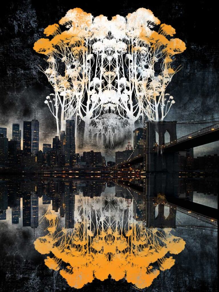 Delicate Tree NYC Reflection with Brooklyn Bridge in background