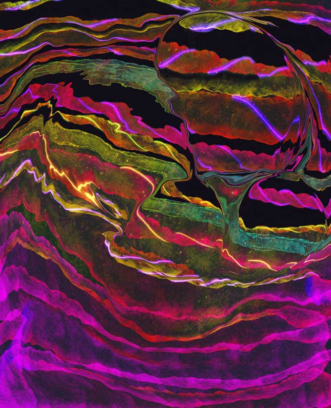 Abstract painting with pinks, greens, and yellows