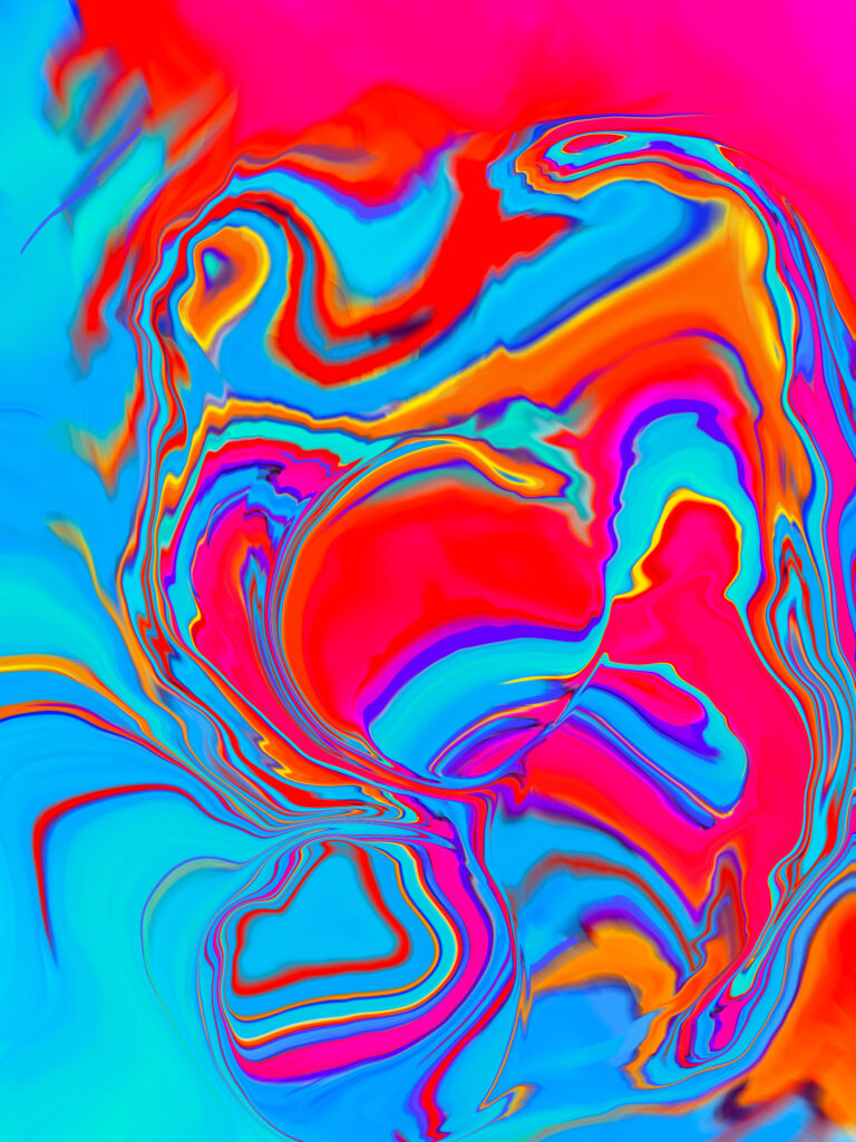 Improvisational Abstract painting with bright reds and blues