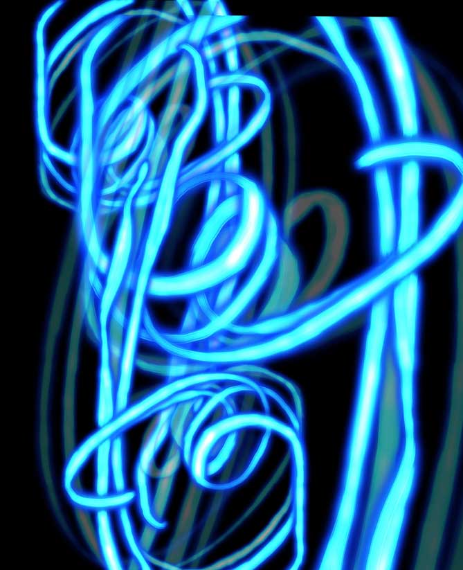 Abstract painting with blues and string like shapes